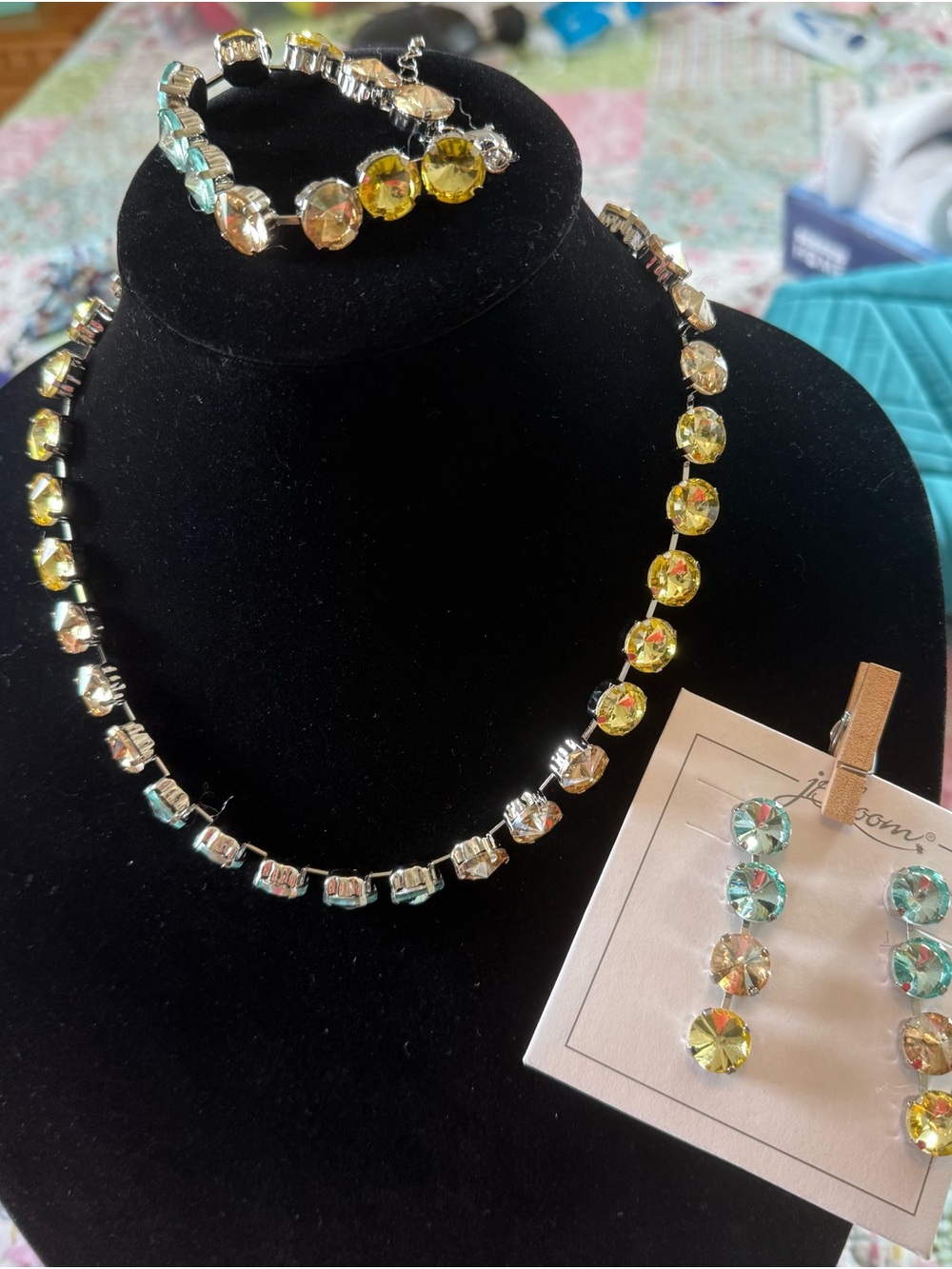Crystal Round Yellow, Green and Light Blue Necklace & Bracelet Set from JBloom